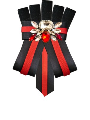 Pegu Kırmızı Şeritli Siyah Saten Kadın Broş,yaka Iğnesi ,papyon/kravat