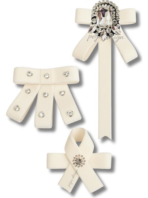 Pegu 3 Lü Ekru Kadife Broş Set Kristal Taş,papyon Kravat Yakalık Yaka Iğnesi Kadın Broş