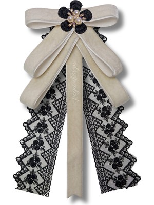 Pegu Ekru Kadife Kurdele Dantel Güpürlü Incili Çiçekli Yaka Broş,papyon,kravat ..