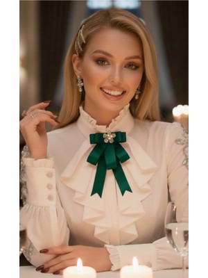 Pegu Yeşil Grogren Kurdele Incili Çiçekli Yaka Broş,papyon,kravat ..