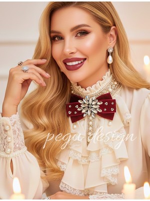 Pegu Bordo Kadife , Yanlar Inci Sallantılı Kristal Taşlı ,kadın Papyon,broş,yeniyıl Kutlama,kravat