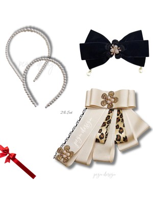 Pegu 4 Lü Set Incili Taç,çiçekli Yaka Broş,kadife Otomatik Toka,sevgililer Günü Hediye