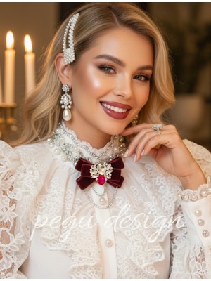 Pegu Bordo Kadife ,kristal Taşlı ,kadın Papyon,broş,yaka Iğnesi,kravat