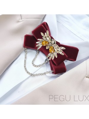 Pegu Bordo Kadife ,kristal Taşlı ,kadın Papyon,broş,yaka Iğnesi,kravat