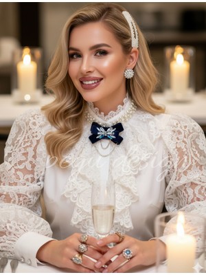 Pegu Lacivert Kadife ,kristal Taşlı ,kadın Papyon,broş,yaka Iğnesi,kravat