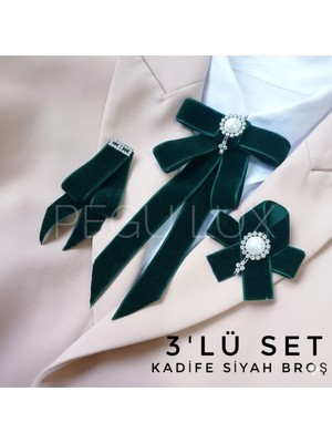 Pegu Lux Zümrüt Yeşil Kadife 3 Lü Set Kurdele Broş Yaka Igne Okul,işhediye,çanta,şal,gömlek Aksesuar