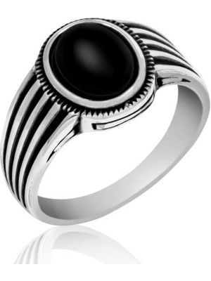 Inure Jewelry Gümüş Siyah Taşlı Çizgili Erkek Yüzük