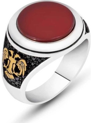 Inure Jewelry Gümüş Akik Taşlı Çift Başlı Kartal Erkek Yüzük
