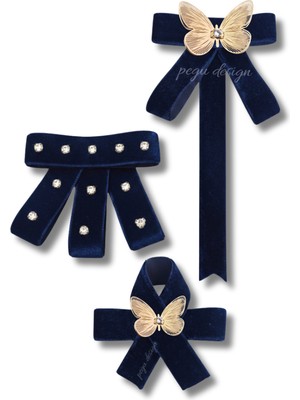 Pegu Kelebekli 3 Lü Lacivert Kadife Broş Set Kristal Taş,papyon Kravat Yakalık Yaka Iğnesi Kadın Broş