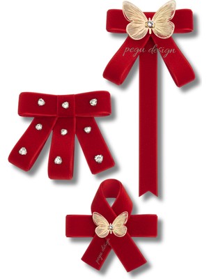 Pegu Kelebekli 3 Lü Kırmızı Kadife Broş Set Kristal Taş,papyon Kravat Yakalık Yaka Iğnesi Kadın Broş