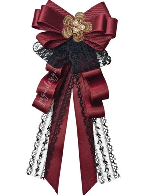 Pegu Lux Bordo Dantelli Kurdele Incili Çiçekli Yaka Broş,papyon,kravat ..
