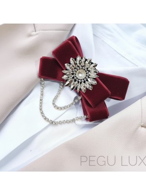 Pegu Bordo Kadife ,kristal Taşlı ,kadın Papyon,broş,yaka Iğnesi,kravat