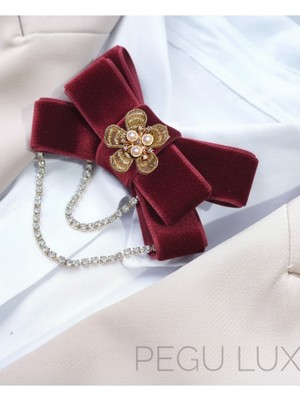 Pegu Bordo Kadife Su Yolu Sallantılı Incili Çiçekli Yaka Broş,papyon,kravat ..