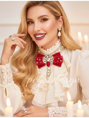 Pegu Kırmızı Kadife , Yanlar Inci Sallantılı Kristal Taşlı ,kadın Papyon,broş,yeniyıl Kutlama,kravat