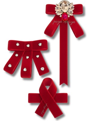 Pegu 3 Lü Kırmızı Kadife Broş Set Kristal Taş,papyon Kravat Yakalık Yaka Iğnesi Kadın Broş