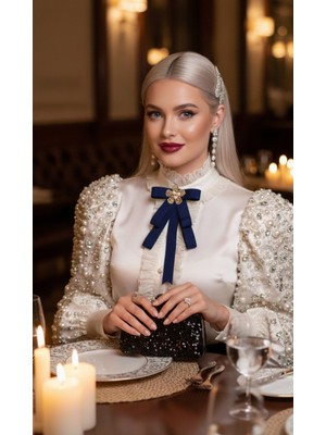 Pegu Lacivert Grogren Kurdele Incili Çiçekli Yaka Broş,papyon,kravat ..