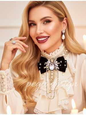 Pegu Siyah Kadife , Yanlar Inci Sallantılı Kristal Taşlı ,kadın Papyon,broş,yeniyıl Kutlama,kravat