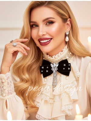 Pegu Siyah Kadife , Yanlar Inci Sallantılı Kristal Taşlı ,kadın Papyon,broş,yeniyıl Kutlama,kravat