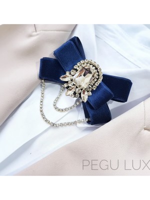 Pegu Lacivert Kadife ,kristal Taşlı ,kadın Papyon,broş,yaka Iğnesi,kravat