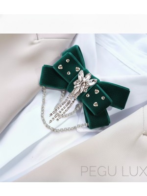 Pegu Zümrüt Yeşil Kadife ,kristal Taşlı ,kadın Papyon,broş,yaka Iğnesi,kravat