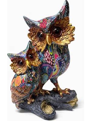 Bsre Dekoratif Renkli Ikili Baykuş Biblosu - Bohem Tarzı Hediyelik Masa ve Kitaplık Aksesuarı