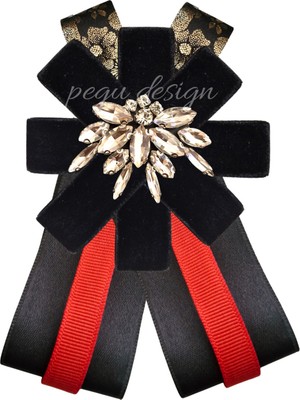 Pegu Kırmızı Şeritli Siyah Kadife Kadın Broş,yaka Iğnesi ,papyon/kravat