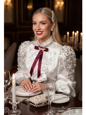 Pegu Bordo Saten Kristal Taşlı Kurdele Broş,yaka Iğnesi ,yılbaşı Kutlama,okul,ofis