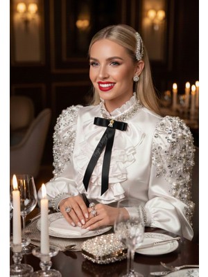 Pegu Siyah Saten Aksesuarlı Broş