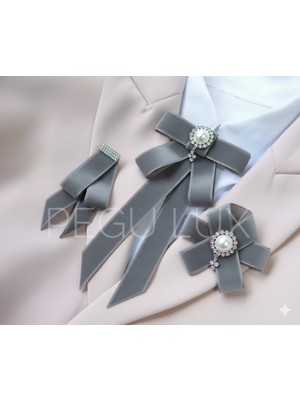 Pegu Lux Gri Kadife 3 Lü Set Kurdele Broş Yaka Igne Okul,işhediye,şal,gömlek Aksesuar