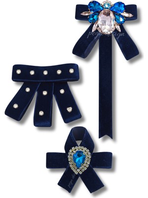 Pegu Arılı 3 Lü Lacivert Kadife Broş Set Kristal Taş,papyon Kravat Yakalık Yaka Iğnesi Kadın Broş