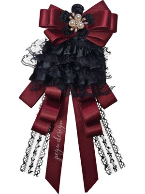 Pegu Elite Bordo Dantelli Kurdele Incili Çiçekli Yaka Broş,papyon,kravat ..