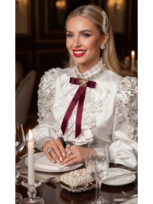 Pegu Bordo Grogren Kurdele Incili Çiçekli Yaka Broş,papyon,kravat ..