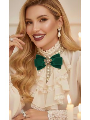 Pegu Yeşil Kadife Incili Çiçekli Yaka Broş,papyon,kravat ..