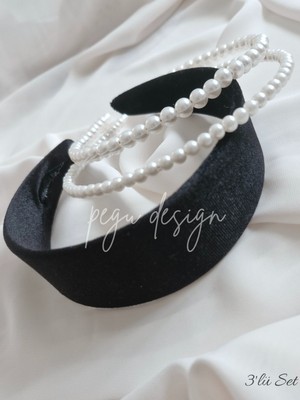 Pegu 3 Lü Set Geniş Kadife Siyahve Sıralı Inci Taç , Gelin,davet ,kutlama ,günlük,