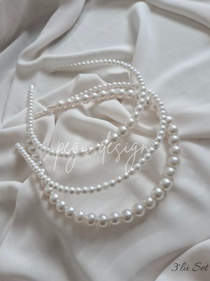 Pegu 3 Lü Set Sıralı Inci Taç , Gelin,davet ,kutlama ,günlük,