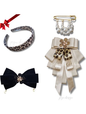 Pegu 4 Lü Set Leopar Taç,çiçekli Yaka Broş,kadife Otomatik Toka,iskoç Iğnesi ,sevgililer Günü Hediye