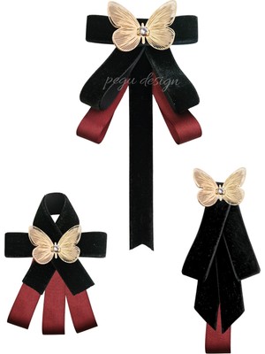 Pegu Kelebekli 3 Lü Siyah Kadife Broş Set Kristal Taş,papyon Kravat Yakalık Yaka Iğnesi Kadın Broş