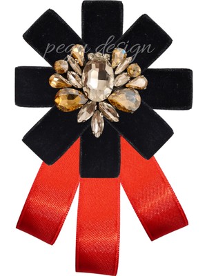 Pegu Kırmızı Satenli Siyah Kadife Kadın Broş,yaka Iğnesi ,papyon/kravat