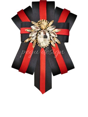 Pegu Arılı Kırmızı Şeritli Siyah Saten Kadın Broş,yaka Iğnesi ,papyon/kravat