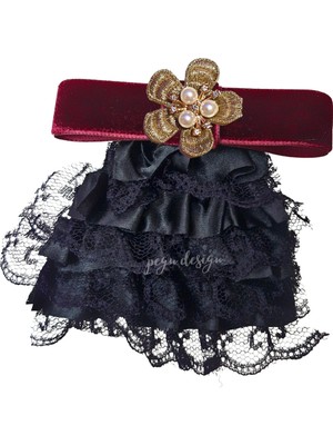 Pegu Luxury Bordo Dantelli Kurdele Incili Çiçekli Yaka Broş,papyon,kravat ..