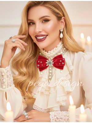 Pegu Kırmızı Kadife , Yanlar Inci Sallantılı Kristal Taşlı ,kadın Papyon,broş,yeniyıl Kutlama,kravat