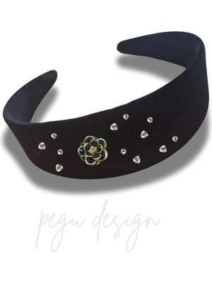 Pegu Çiçekli Kadife Kristal Cam Taşlı Özel Tasarım Geniş Taç