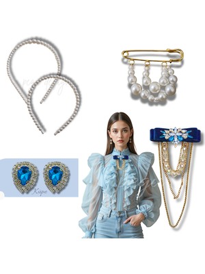 Pegu 5 Li Set Incili Taç,yaka Broş,iskoç Iğnesi ,çift Küpe Sevgililer Günü Hediye