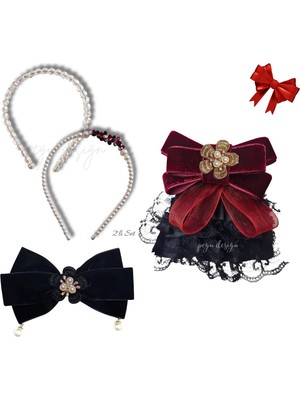 Pegu 4 Lü Set Incili Taç,,çiçekli Yaka Broş,kadife Otomatik Toka,sevgililer Günü Hediye