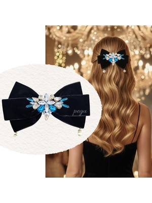 Pegu Turkuaz Taşlı,incili Siyah Kadife Özel Tasarım Otomatik Toka