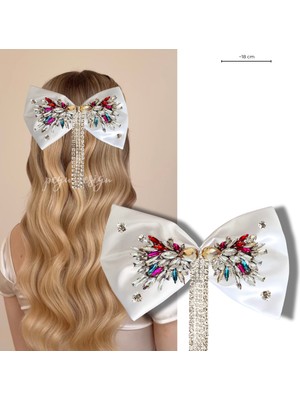 Pegu Beyaz Saten Çok Renkli Taşlı Otomatik Özel Tasarım Toka ,(Düğün,nişan,doğumgünü,kutlama )005