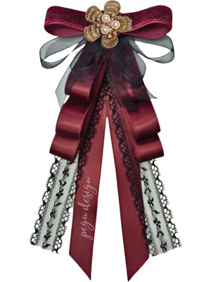 Pegu Lux Bordo Saten Dantelli Kurdele Incili Çiçekli Yaka Broş,papyon,kravat ..