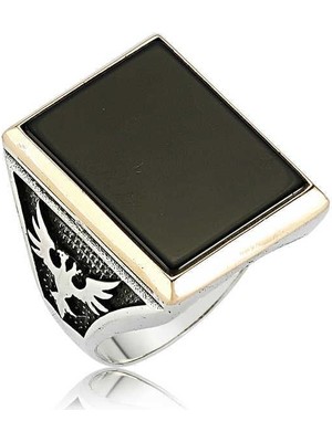 Inure Jewelry Gümüş Siyah Taşlı Çift Başlı Kartal Erkek Yüzük