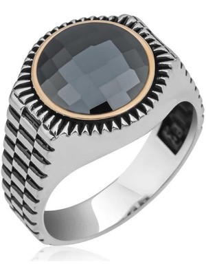 Inure Jewelry Gümüş Siyah Zirkon Taşlı Yuvarlak Erkek Yüzük