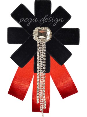 Pegu Kırmızı Satenli Siyah Kadife Kadın Broş,yaka Iğnesi ,papyon/kravat